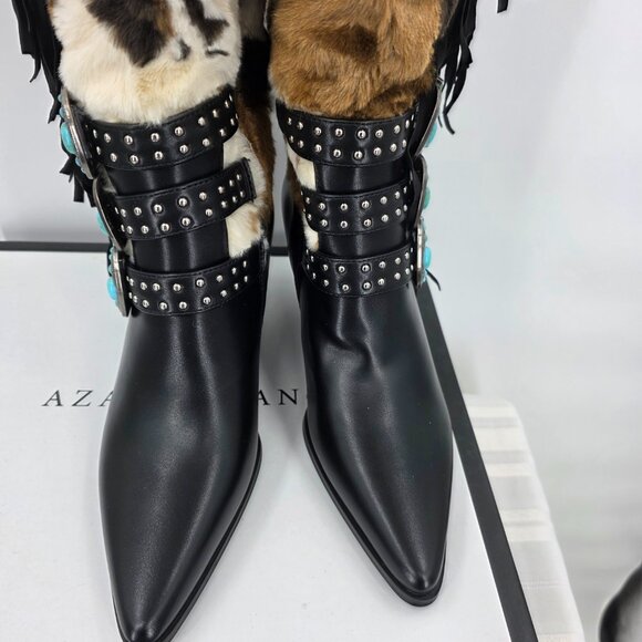 AZALEA WANG Gwayne Cow Print Knee High Fringed Western Boot Buckles 7-11 NWT - Picture 13 of 15